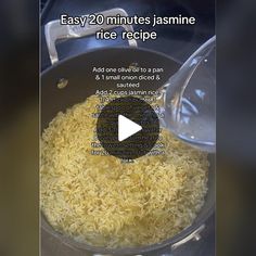 an image of rice being cooked in a pan with the words easy 20 minutes jasmine rice recipe