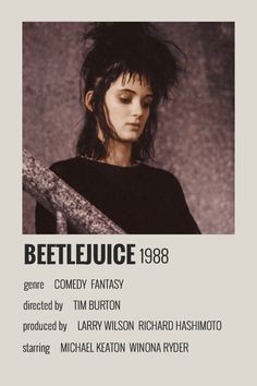 the poster for beetlejuice is shown with an image of a woman holding a knife