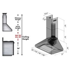 a drawing of a stove and chimney with measurements