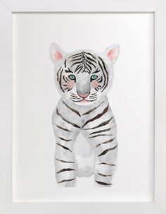 a watercolor painting of a tiger sitting in front of a white frame with blue eyes