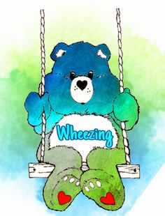 a teddy bear sitting on a swing with the word wheezing written in blue