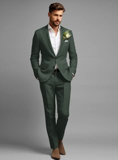 Green Suit For Groom, Male Wedding Suits, Hunter Green Suit, Forest Green Suit, Green Linen Suit, Dark Green Suit, Green Tux, Male Wedding Guest Outfit, Green Suits