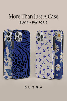 three phone cases with blue and white designs on them, one is for the iphone