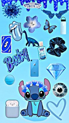 an image of various items that are in the shape of a cartoon character on a blue background