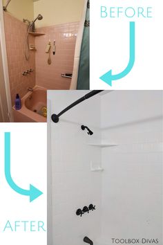 before and after photos of a bathroom remodel with tub, shower head, and toilet