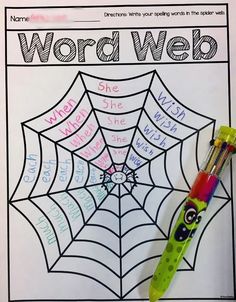 a spider web with writing on it next to a pen and marker in the middle