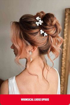 Fancy Loose Updo in a Bun with Floral Pins with Face-Framing Tendrils Simple Wedding Updo, Hair For Wedding, Braided Updo Wedding, Bridal Updo, Wedding Hairstyles Updo, Wedding Updo, Front View