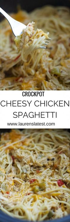 crockpot cheesy chicken spaghetti in a blue skillet with a spoon