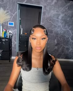 Prom Hairstyles For Black Women Middle Part, Formal Wig Styles, Sleek Front Hair Down Straight, Hocoming Hair Ideas Black Women, Long Bob Wig Hairstyles, Classy Frontal Hairstyles, Classy Birthday Hairstyles, Bumped Ends Hairstyle Short, Sleek Back Hair Down