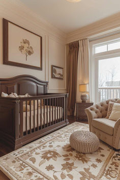 50 Elegant Baby Girl Nursery Ideas for a Sophisticated Space Nursery With Espresso Furniture, Girl Nursery Dark Furniture, Dark Wood Nursery Ideas, Dark Wood Baby Nursery, Transitional Nursery Ideas, Ralph Lauren Baby Room, Victorian Baby Room, Old Money Nursery, Dark Wood Nursery