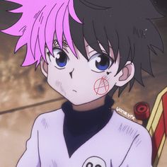 an anime character with pink hair and blue eyes holding a skateboard in his hand