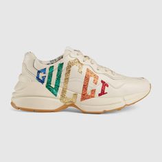 Rhyton glitter Gucci leather sneaker - perfect festival vibes Gucci Sneaker, Glitter Fashion, Dr Shoes, Gucci Store, Gucci Gifts, Gucci Sneakers, Glitter Sneakers, Gucci Leather, Leather Shoes Woman