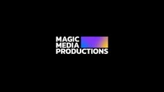 the words magic media production are shown in white and purple letters on a black background