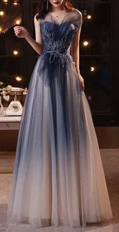 Modest Flowy Prom Dresses, Korean Gown Prom, Fly Shi Only, Asian Prom Dress, Wedding Gowns Ideas, Color Wedding Dresses, Colored Wedding Gowns, Blue Ball Gown, Wedding Dresses Ideas