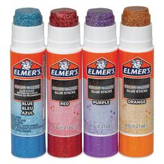 three different colored glitter bottles are next to each other in the same color and size