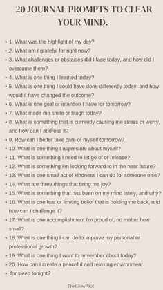 Unwind and clear your mind before bedtime with these 20 journal prompts. Reflect on your day, express gratitude, and release any worries. Promote relaxation and a peaceful sleep with this journaling practice.     #JournalPrompts #ClearYourMind #BedtimeRoutine #SelfCare #Reflection #Gratitude #Relaxation #SelfReflection #PersonalGrowth #mentalwellness  #Mindfulness #journaling #selflovejourney #selflovewomen Journal Prompts Deep, Worry Journal Prompts, Bedtime Prompts, Selfcare Journal Prompts, Mindfulness Questions, Burn Out Journal Prompts, Journal Reflection Ideas, Reflect On Your Day, How To Clear Mind