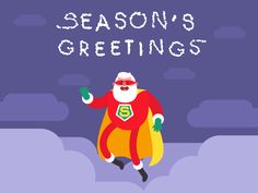 a cartoon santa claus with the words season's greetings written on his chest