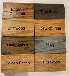 four different types of wood are shown in this image with the words, true black, driftwood, pswich pine, golden pecan, and fruitwood