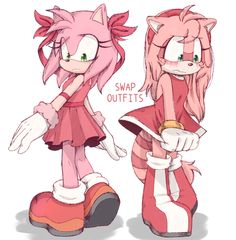 two cartoon characters, one in pink and the other in red with long hair standing next to each other