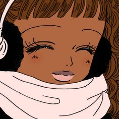 a drawing of a woman with headphones on her ears and wearing a scarf around her neck