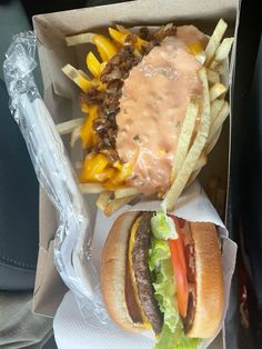 a close up of a hot dog and fries in a box