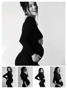 the pregnant woman is posing in her black dress