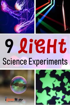 the words 9 light science experiments written in red and green with images of stars on them