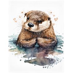 a watercolor painting of an otter with hearts floating on it's back in the water