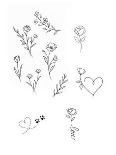 flowers and hearts drawn in black ink on white paper