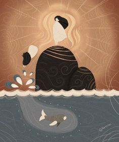 a painting of a woman sitting on top of a rock in the water with two fish