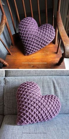 two pictures of the same chair and one has a crocheted heart on it