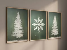 three framed snowflakes are hanging on the wall