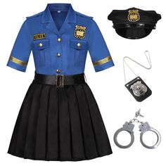 a police officer uniform with handcuffs and keychains on display next to it's contents