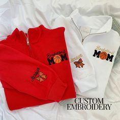 This Custom Basketball Mom Quarter Zip Sweater is the perfect Personalized Sports Mom Gift, ideal for showing team spirit. Whether it's a Team Mom Sweatshirt or part of a stylish Basketball Mom Outfit, this makes a great Basketball Mom Gift. How to order: 1. Select sweatshirt SIZE 2. Select pull over COLOR 3. In the personalization box please include:  🧵 NAME(S) for sleeve  🧵 THREAD COLOR  *Thread color is used for name on sleeve and "Basketball" on chest embroidery  LISTING DETAILS: 🏀 Listin Basketball Mom Sweatshirt, Basketball Mom Outfit, Sports Mom Gifts, Basketball Sweatshirts, Sports Mom Shirts, Custom Basketball, Quarter Zip Sweater, Team Mom, Basketball Mom