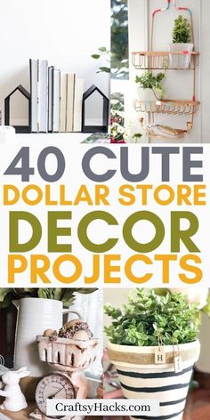 the words 40 cute dollar store decor projects are overlaid with images of plants and books