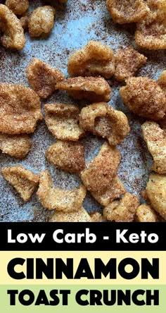 low carb keto cinnamon toast crunch on a baking sheet with text overlay