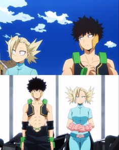 two anime characters standing next to each other in front of a blue sky and clouds