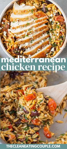 chicken and rice dish in a pan with text overlay that reads mediterranean chicken recipe