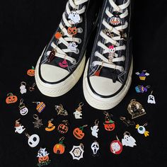 Halloween Shoelace Charms, Ghost Dangling Initials, Bat Metal Chain, Pumpkin Laces Pendant 🎃  Buy 3pcs get 1pc more freebies 👻 DETAILS: * Multiple patterns to choose * Good for different kinds of shoelaces * Please leave me a note of the number you like IMPORTANT: Please make sure the ring is properly closed once you put the charms on your shoes, if the ring opens the charm might be lost. Thank you for your kind attention. NOTES: 1. Please allow a slightly size different due to manual measurement. 2. Please be reminded that due to lighting effects and monitor's brightness/contrast settings etc, the color tone of the website's photo and the actual item could be slightly different. We also offer discount for bulk order, kindly contact me for the details. Welcome to contact me for any queri Cool Shoelace Patterns, Shoe Lace Charms Converse, Shoe Charms For Laces, Beads On Shoelaces, Shoe Lace Charms, Shoelace Charms, Brown Shoe Charms, Halloween Lace-up Sneakers With Rubber Sole, Lace Charms Shoes