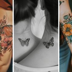 four different tattoos with flowers and butterflies on their arm, shoulder and upper halfs