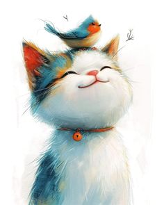 a painting of a cat with two birds on its head and one bird sitting on top of it's head