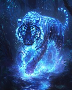 a white tiger walking across a river in the forest with blue lights on it's body