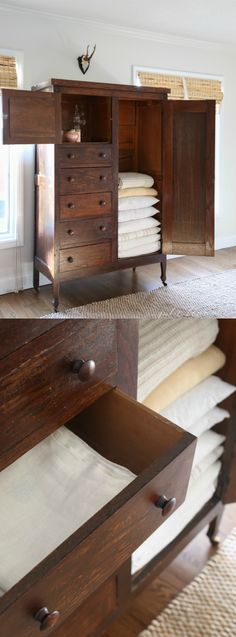 a dresser and bed in a room