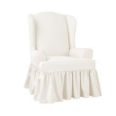 a white chair with a ruffled skirt on the bottom and back end, against a white background