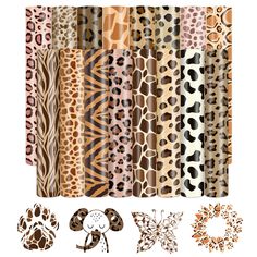 various animal print patterns are shown in different colors