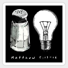 a black and white drawing of a light bulb next to a salt shaker on a black background