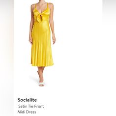 Socialite Front Tie Yellow Satin Dress Size M Side Zip Like New, Never Worn Yellow Formal Maxi Dress For Summer, Elegant Yellow Maxi Dress For Spring, Elegant Yellow Summer Maxi Dress, Spring Solid Satin Midi Dress, Fitted Yellow Maxi Dress For Date Night, Solid Satin Midi Dress For Spring, Gold Maxi Dress For Formal Summer Occasions, Sleeveless Yellow Maxi Dress For Formal Occasions, Yellow Sleeveless Maxi Dress For Formal Occasions