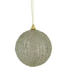 a silver ball ornament hanging from a gold chain on a white background with room for text