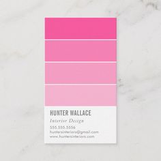 a pink and white business card with the word hunter wallace in bold font on it