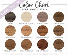 the color chart for wood stain is shown in different colors and sizes, including brown, white